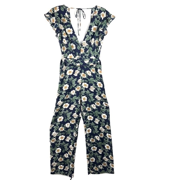 New-shop17 Floral Print Deep V-neck, Open Tie Back, Wide Leg One Piece Jump Suit - Picture 1 of 16